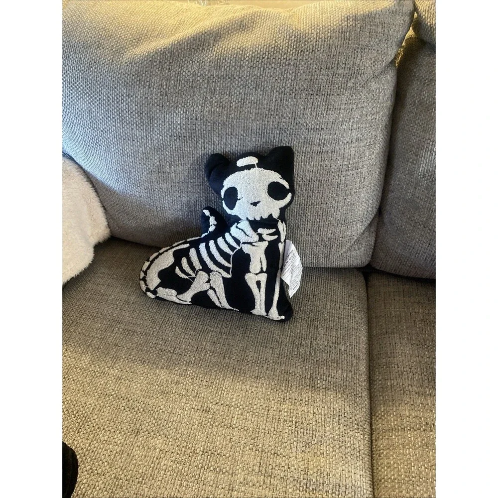 Black & White Skeleton Cat Decorative Pillow Plush Embroidered Fall Halloween